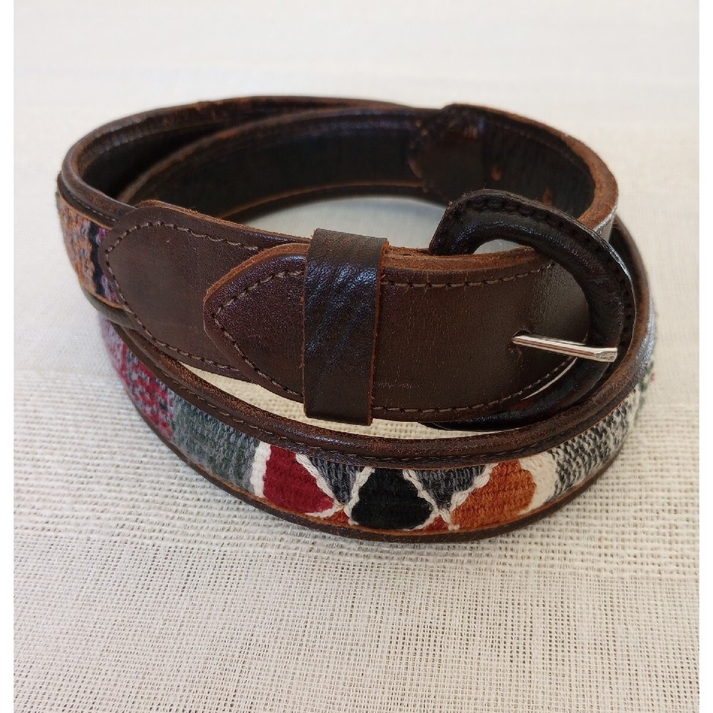 Leather & Woven Fabric Belt Hand Made In Mexico Size:30 Brown W/Earth Tones EUC